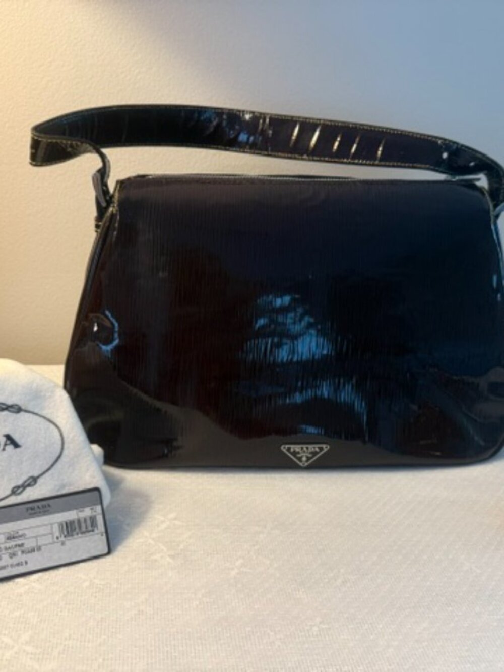 Authentic Prada Brown Tessuto Gauffre Patent Leather Shoulder Bag